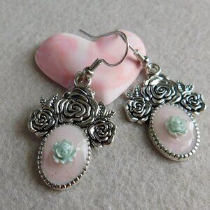 Antique-Look Silver-Tone Rose Dangle Earrings. Light Pink & Seafoam Green Floral